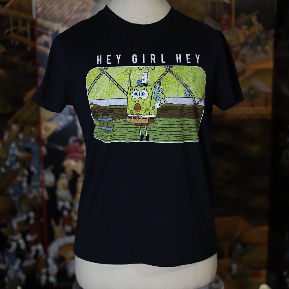 Small Spongebob Squarepants Nickelodeon Hey Girl Hey Meme Women's Black T-shirt